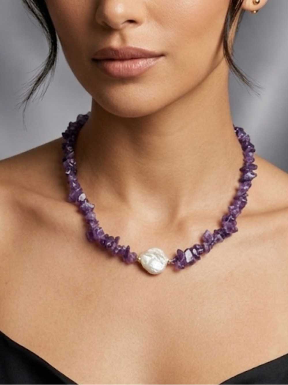 Amethyst Chip & Baroque Pearl Beaded Necklace – Boho Luxe Statement Piece